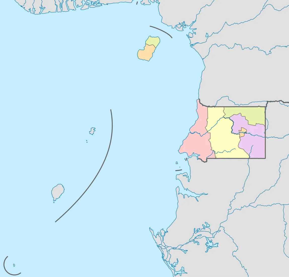Mapa provincial de Guinea Ecuatorial sin etiquetas.