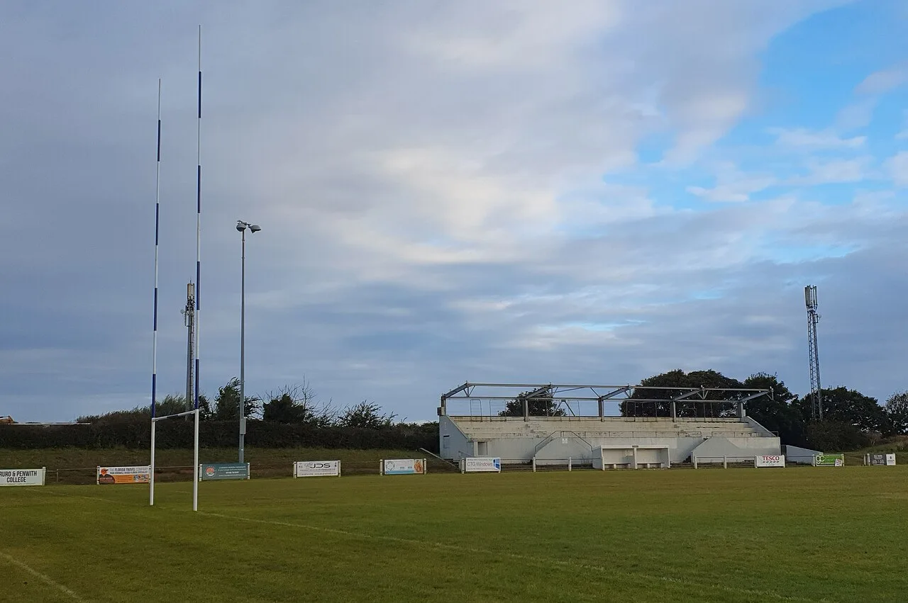 Goal posts and stand, St Ives Rugby Club, Cornwall - August 2025