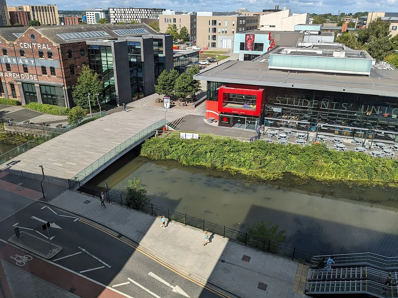 Looking down onto the University of Lincoln Central Library and Students Union.