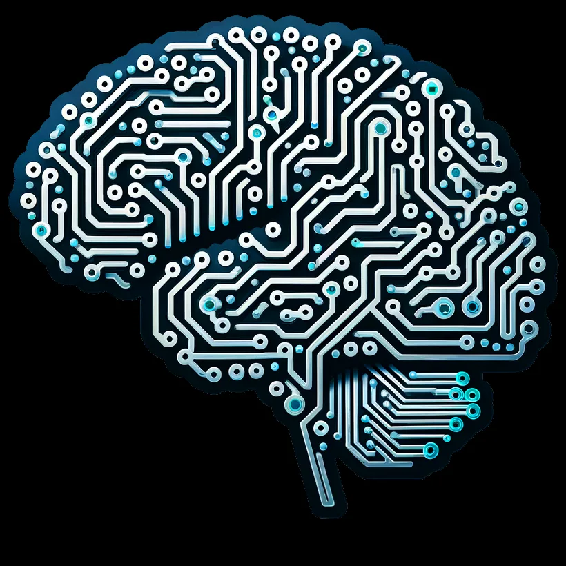 A symbolic representation of AI, generated using DALL-E 3, with the prompt: "draw an icon, white background, of a human brain made out of printed circuit board".