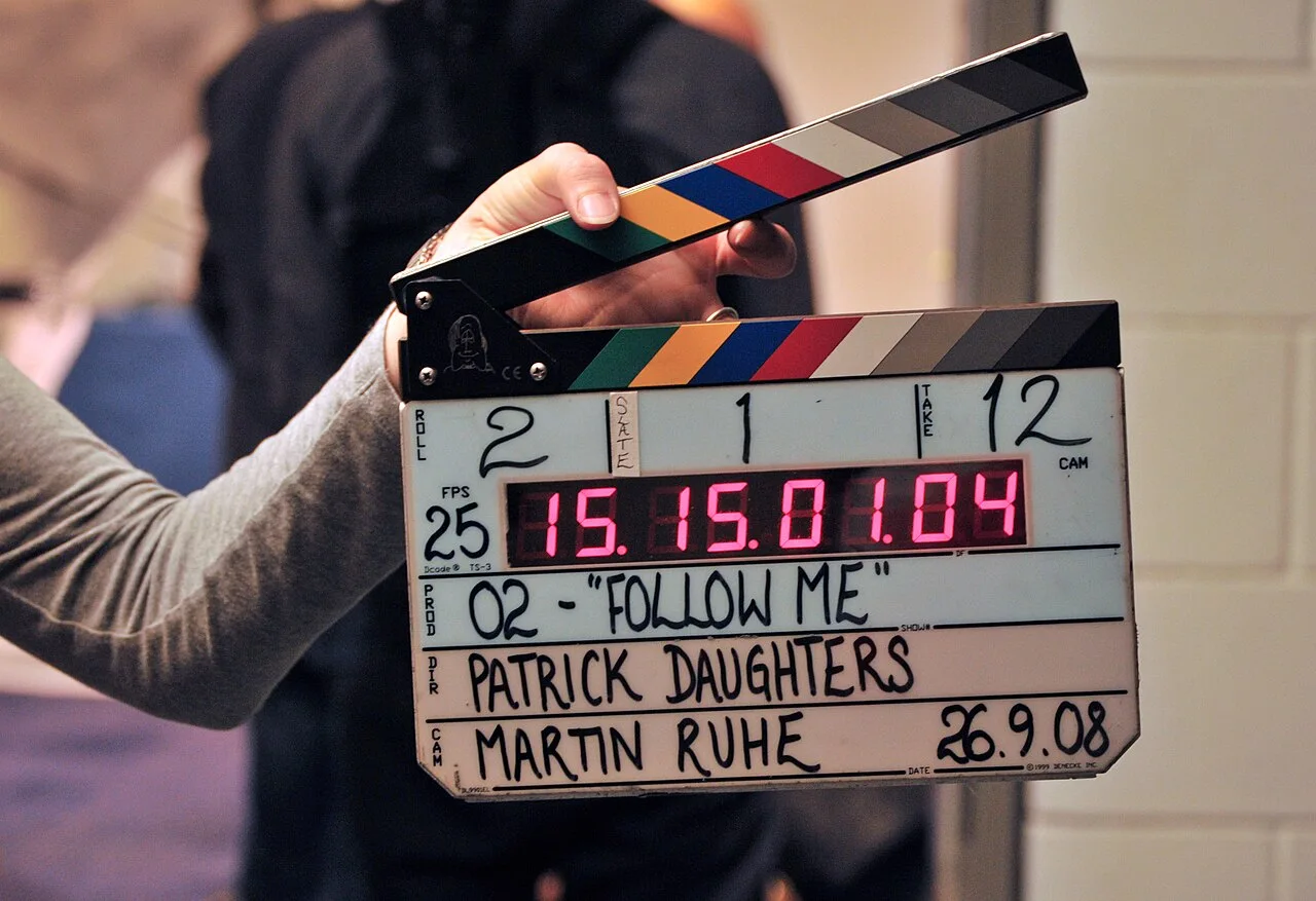 A Denecke TS-3 clapperboard in use during the shooting of a film for O2.